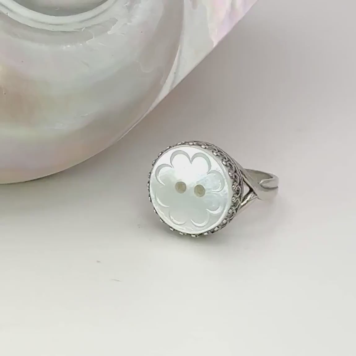 Vintage Mother of Pearl Button Ring, Unique Gifts for Women, Repurposed Button Jewelry, Adjustable Sterling Silver Ring