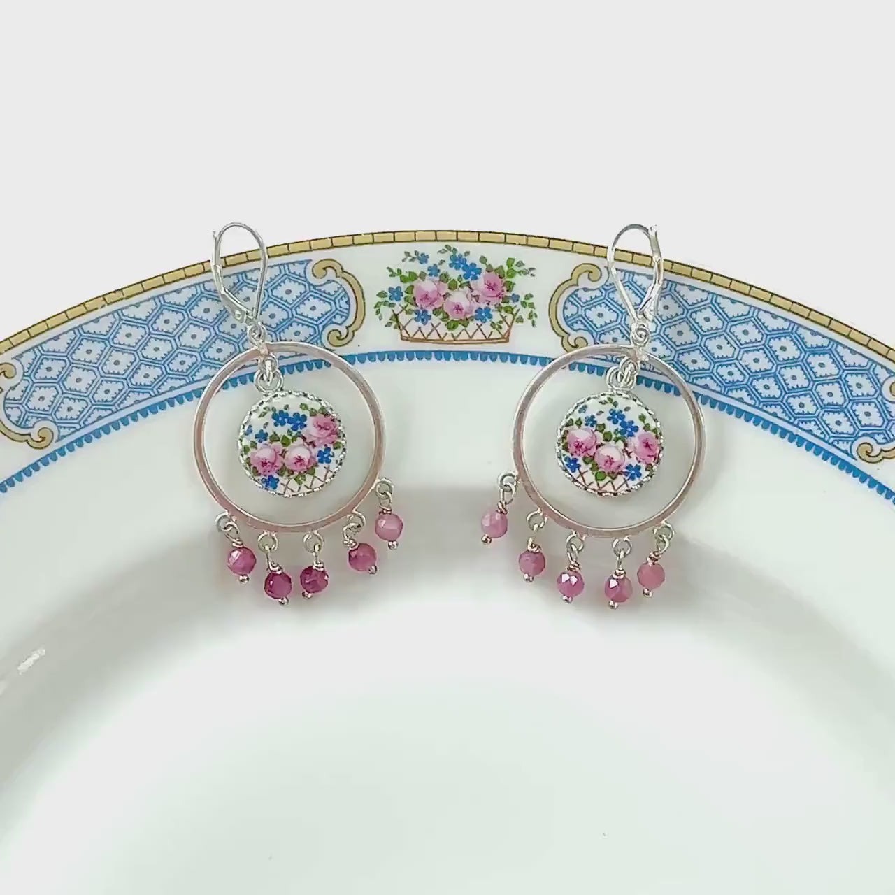 Pink Opal Broken China Jewelry Earrings, Unique Gifts for Her, Sterling Silver Round Rose Chandelier Earrings, Forget Me Nots