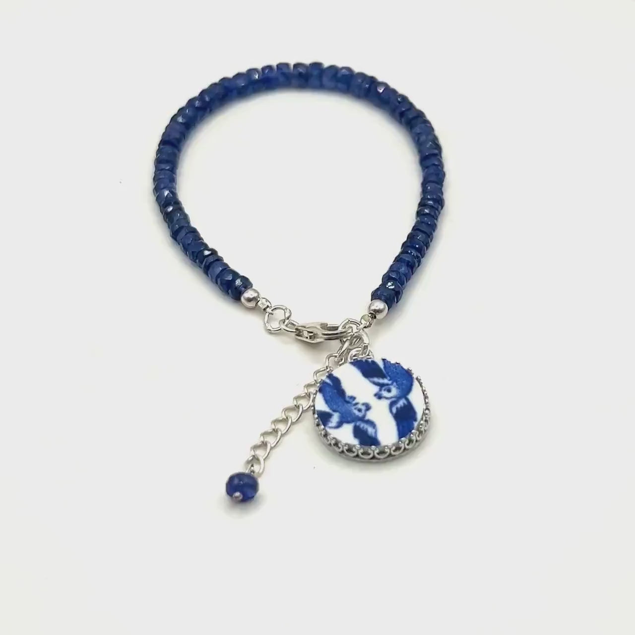Sapphire and Love Birds Charm Bracelet, Romantic 18th Wedding Anniversary Gifts for Wife, Antique Porcelain