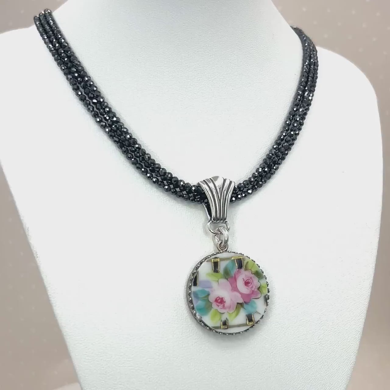 One-of-a-Kind Artisan Necklace, Broken China Statement Jewelry, Faceted Hematite Gemstones