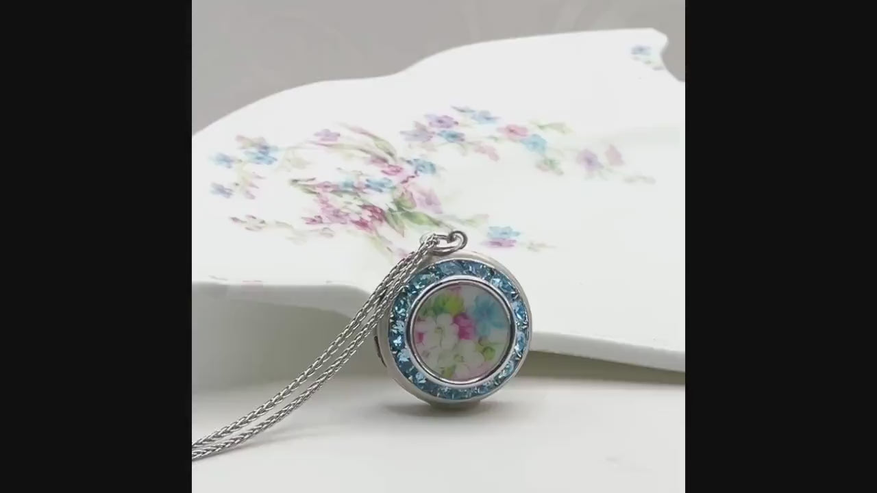 Locket Necklace, Forget Me Not Broken China Jewelry, Photo Locket Girlfriend Gift for Valentines Day