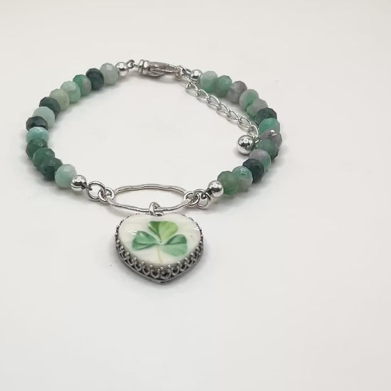 Belleek Irish Shamrock Bracelet, Broken China Jewelry, Hammered Silver and Hand Painted Belleek Clover Charm