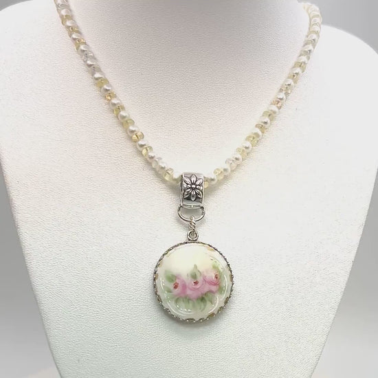 18th Wedding Anniversary Gift for Wife, Antique Hand Painted Porcelain Button Jewelry, Opal and Pearl Toggle Necklace, Sterling Silver