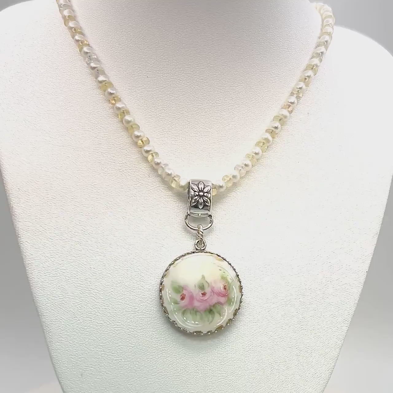 18th Wedding Anniversary Gift for Wife, Antique Hand Painted Porcelain Button Jewelry, Opal and Pearl Toggle Necklace, Sterling Silver