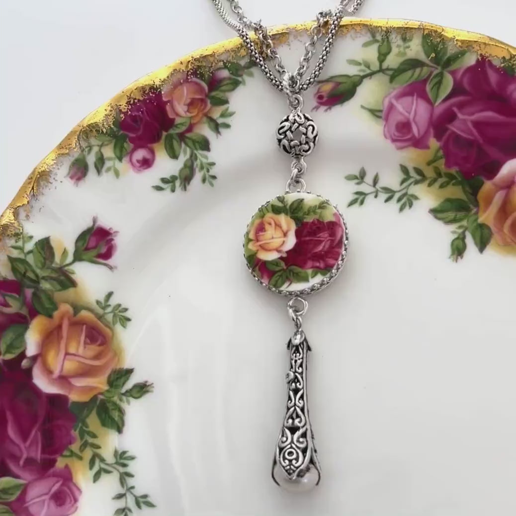 Unique 20th Anniversary Gift for Wife, Old Country Roses Long Victorian Necklace, Sterling Silver Pearl Necklace