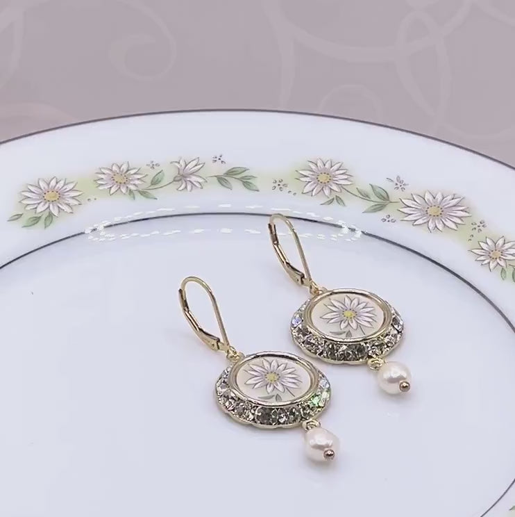 Gold Crystal Daisy Earrings, Broken China Jewelry Pearl Drop Earrings, Unique Gifts for Women