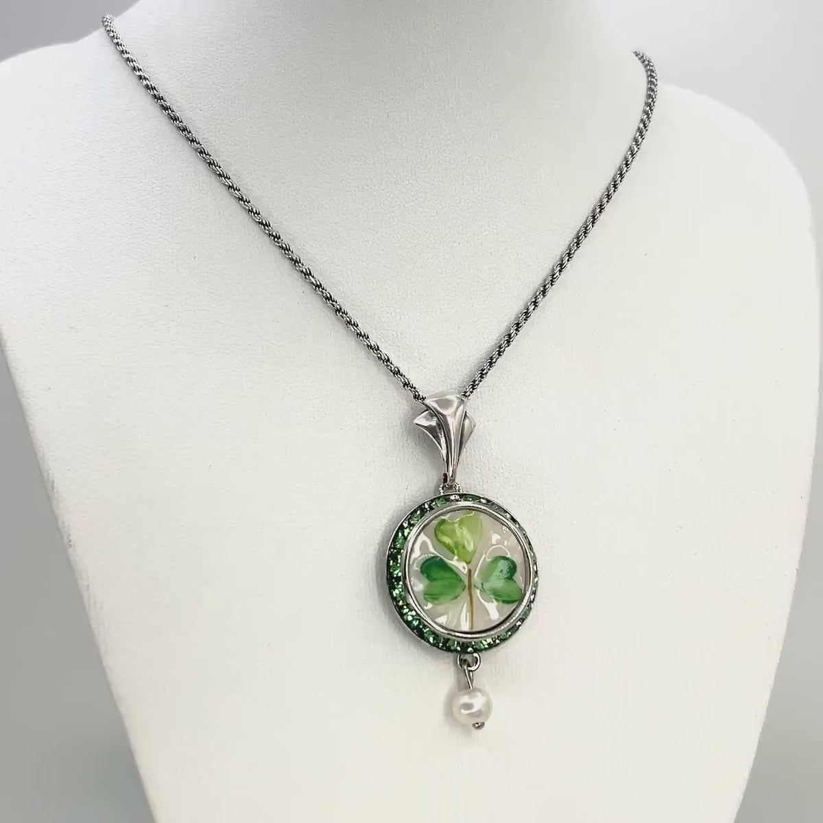 Crystal & Pearl Shamrock Necklace, Repurposed 1920's Irish Belleek, Celtic Jewelry Gifts for Women
