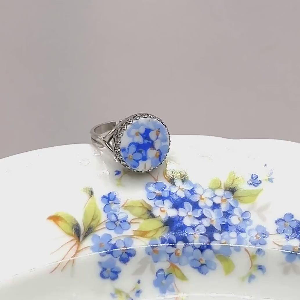 Blue Forget Me Not Adjustable Sterling Silver Ring, Boho Broken China Jewelry, Unique Friendship Gifts for Women, Gifts for Her