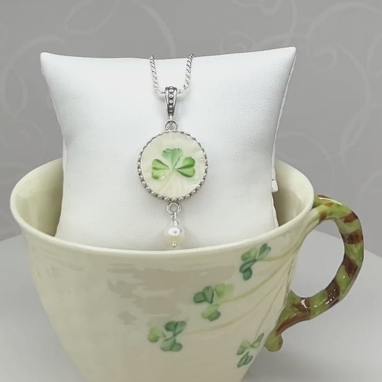 Belleek Irish Necklace, Broken China Jewelry, Unique 20th Anniversary Gift for Wife, Celtic Silver Pearl Necklace
