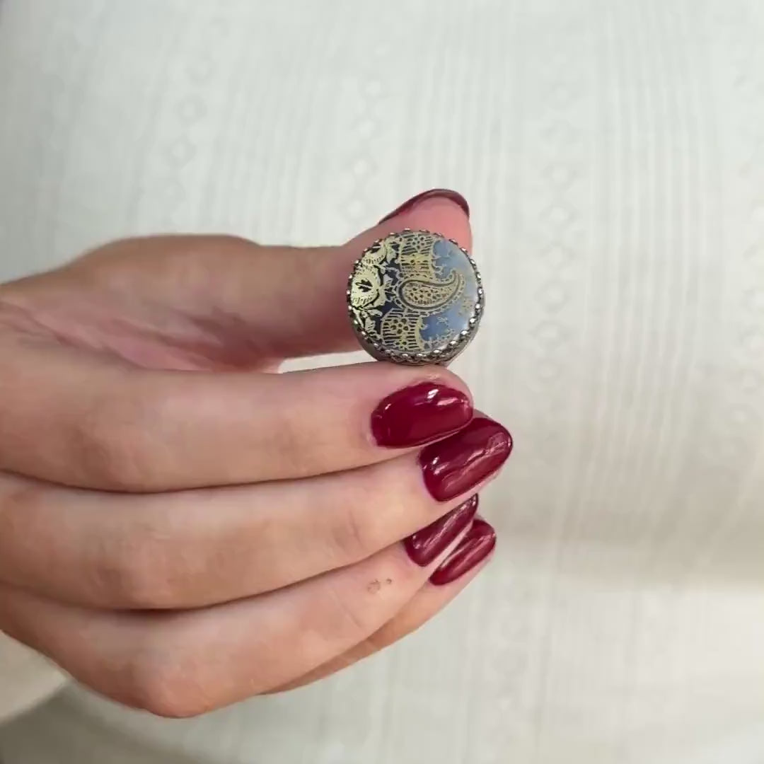Antique Flow Blue Porcelain Ring, Unique Gifts for Women, Broken China Jewelry, Sterling Silver Adjustable Ring
