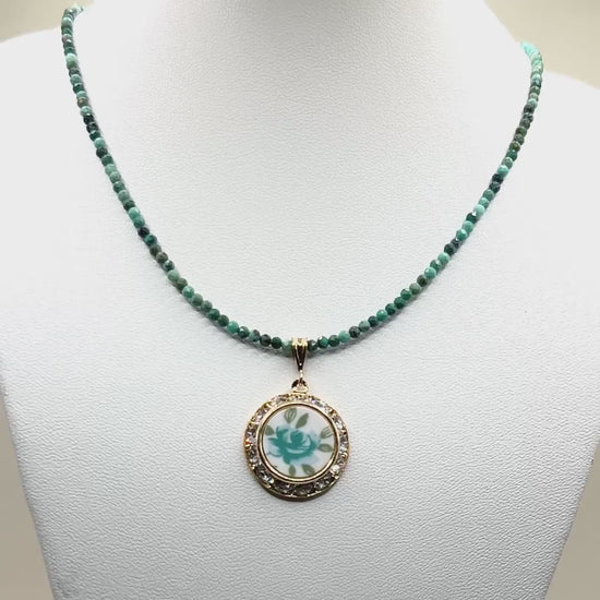 Unique 18th Anniversary Gift for Wife, Vintage Porcelain Turquoise Necklace, Gold Crystal Rose Necklace