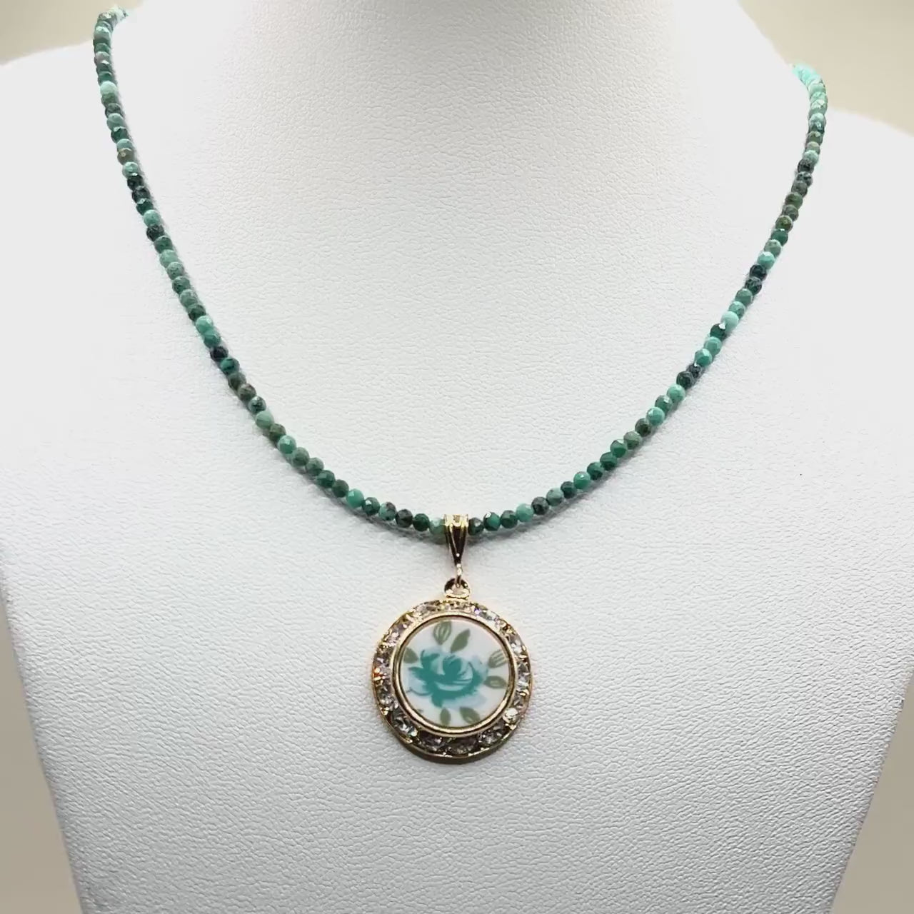 Unique 18th Anniversary Gift for Wife, Vintage Porcelain Turquoise Necklace, Gold Crystal Rose Necklace
