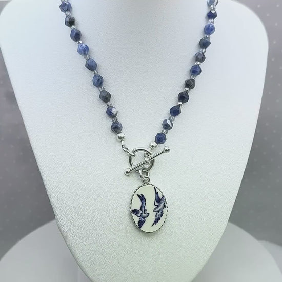 Sentimental 20th Anniversary Gift for Wife, Blue Willow Love Birds Broken China Jewelry, Unique Keepsake Gifts for Women, Sodalite Stones