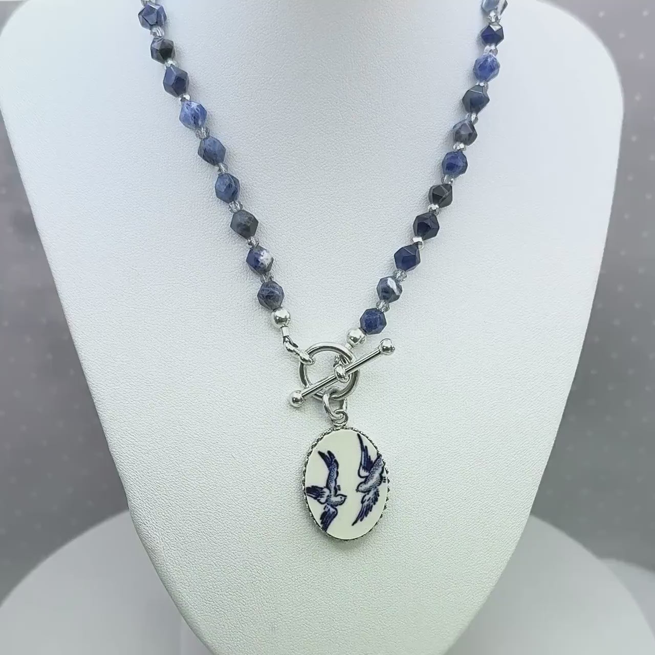 Sentimental 20th Anniversary Gift for Wife, Blue Willow Love Birds Broken China Jewelry, Unique Keepsake Gifts for Women, Sodalite Stones