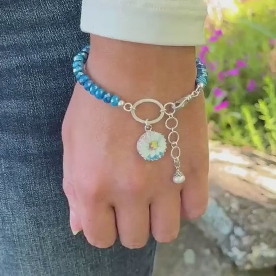 Gemstone 18th Anniversary Porcelain Bracelet, Broken China Jewelry, Sterling Silver Daisy Charm