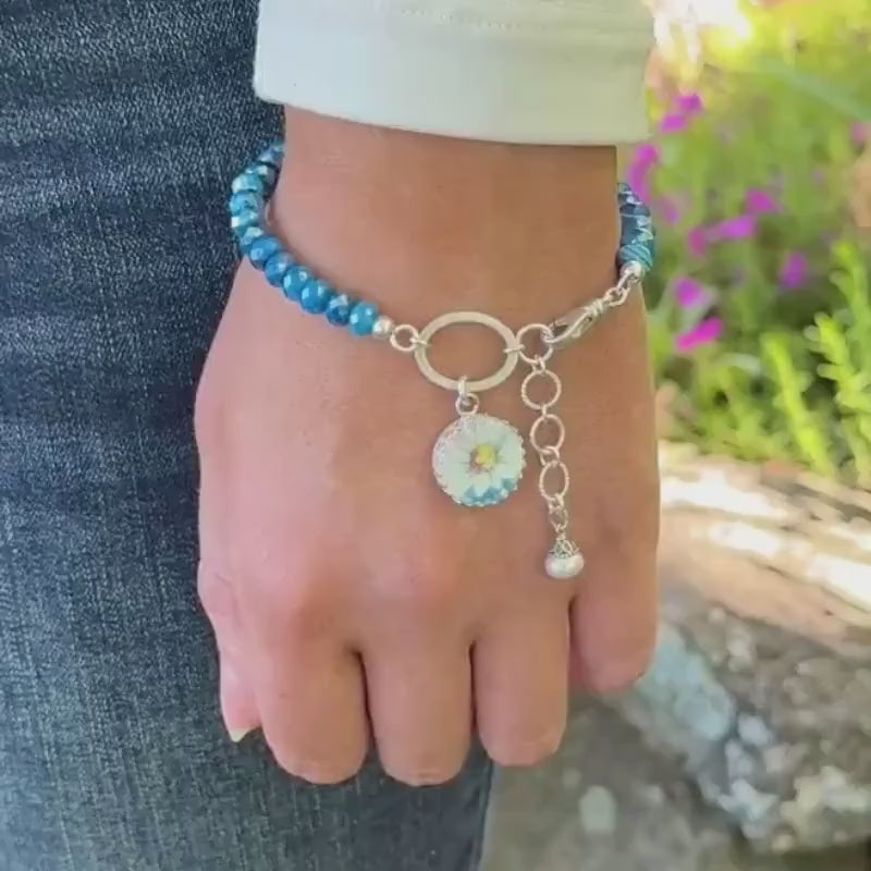 Gemstone 18th Anniversary Porcelain Bracelet, Broken China Jewelry, Sterling Silver Daisy Charm
