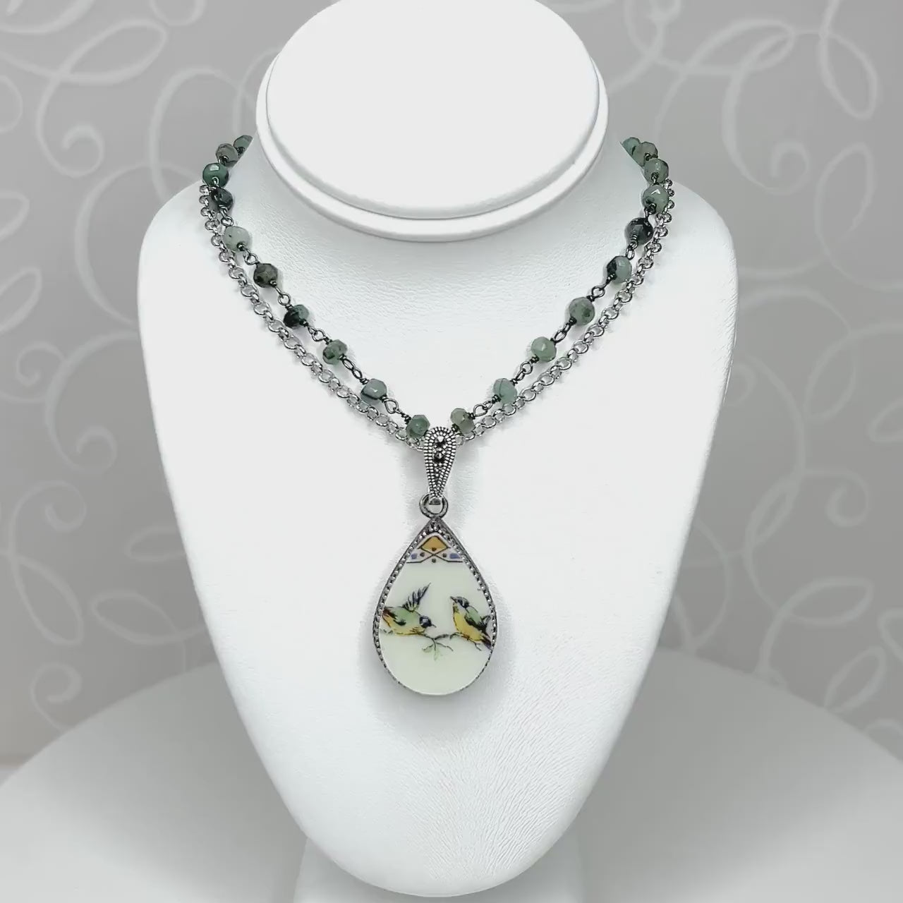 Emerald 20th Anniversary China Gift for Wife, Love Birds Broken China Jewelry, Gemstone Necklace
