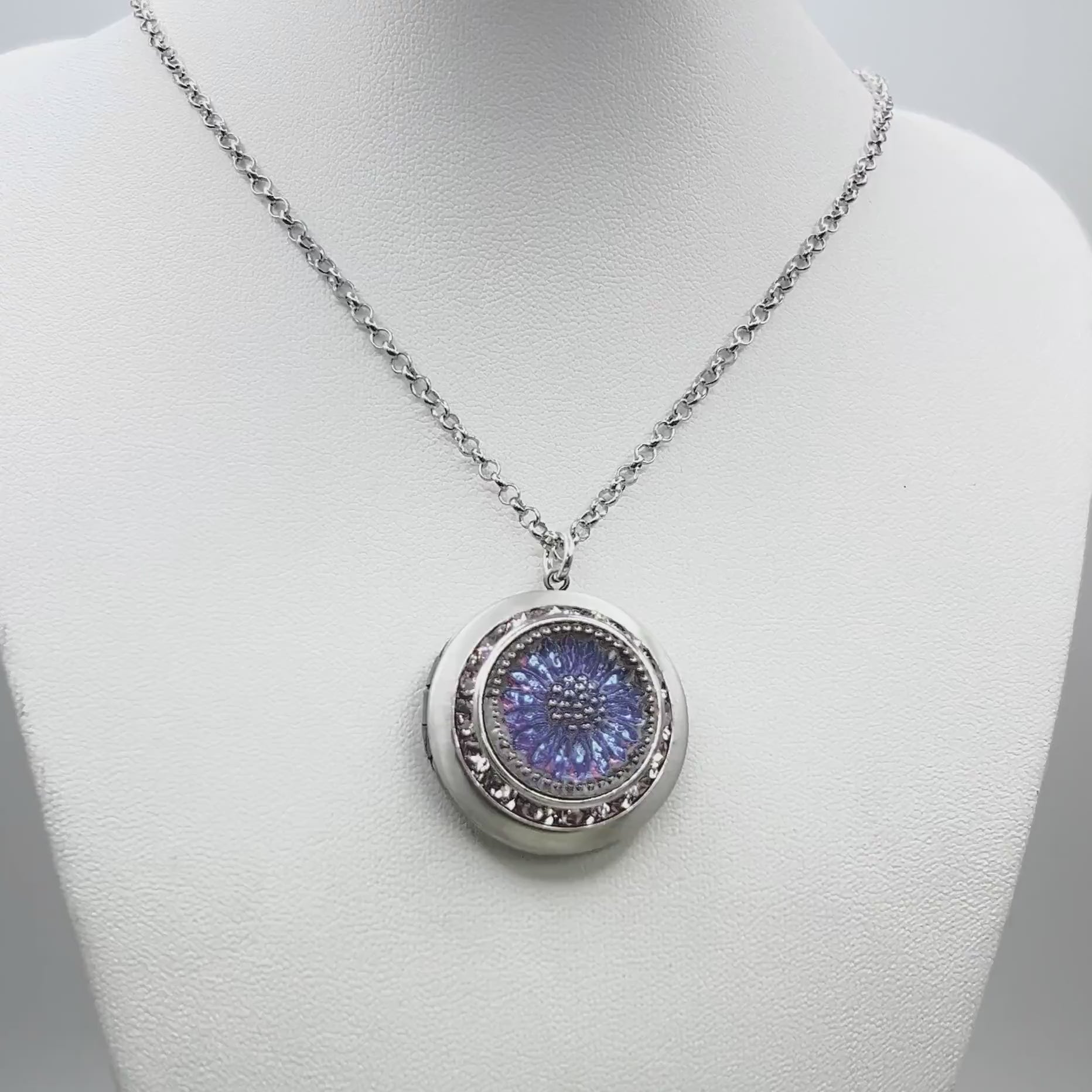 One-of-a-Kind, Colorful Sunflower Glass Button Locket, Silver Photo Locket Necklace