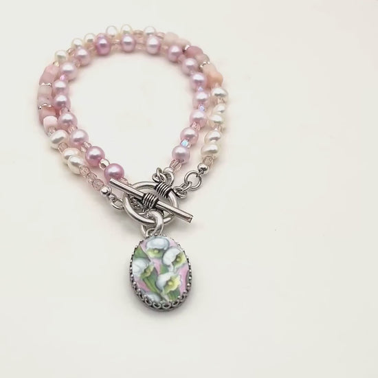 One-of-a-Kind Opal and Lily of the Valley China Bracelet, May Birthday Gifts for Women, Pearl Broken China Jewelry