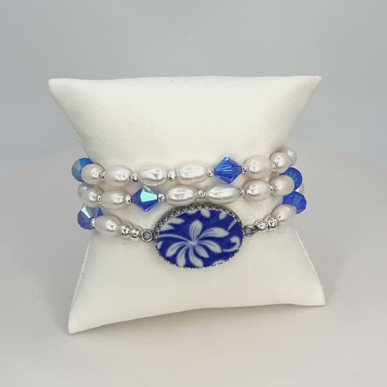 Pearl Wrap Bracelet, Spode Italian Blue China, 18th Anniversary Porcelain Jewelry Gift
