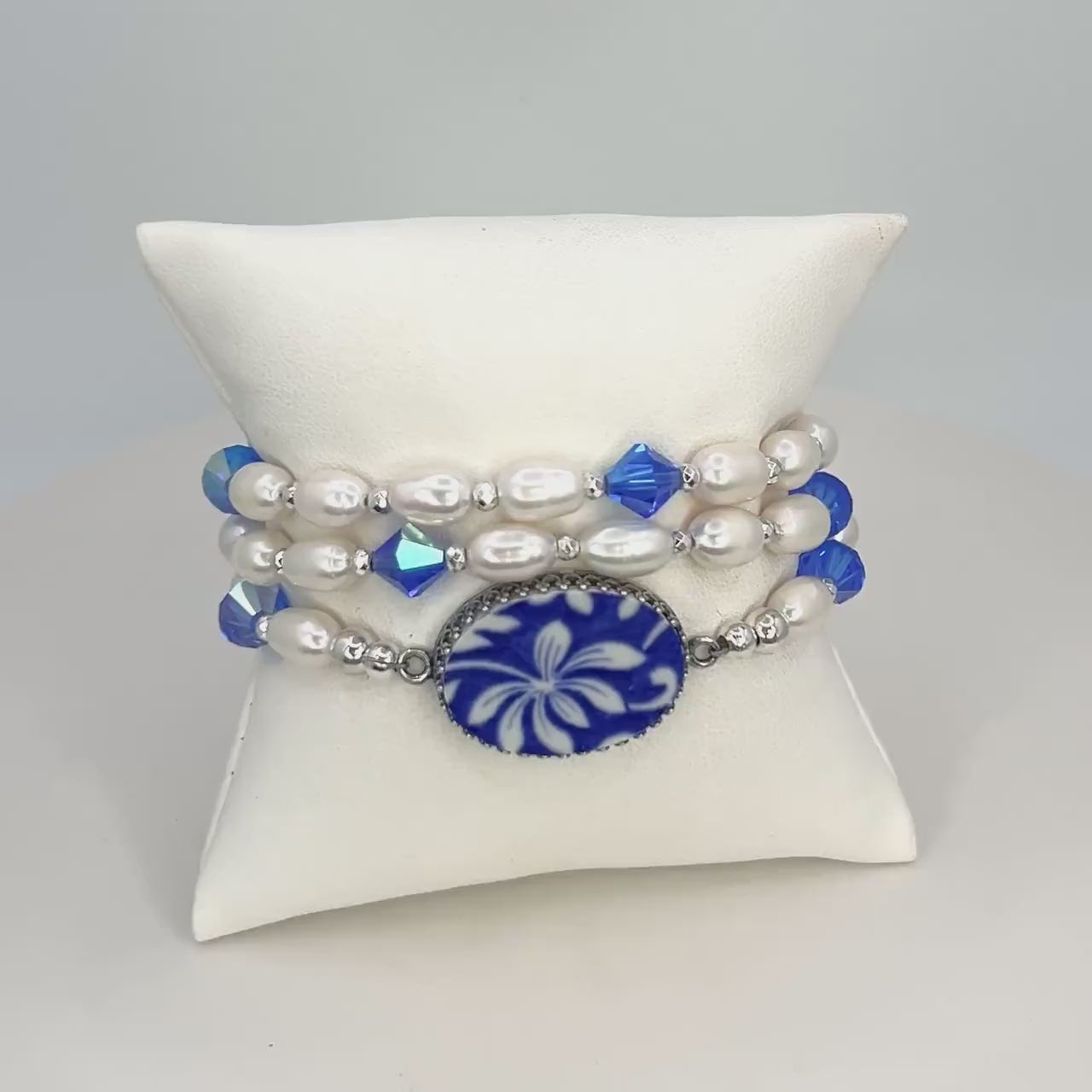 Pearl Wrap Bracelet, Spode Italian Blue China, 18th Anniversary Porcelain Jewelry Gift