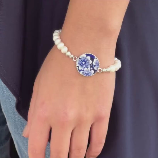 Blue and White Flower Broken China Jewelry, Romantic 20th Wedding Anniversary Gift for Wife, Sterling Silver Freshwater Pearl Bracelet