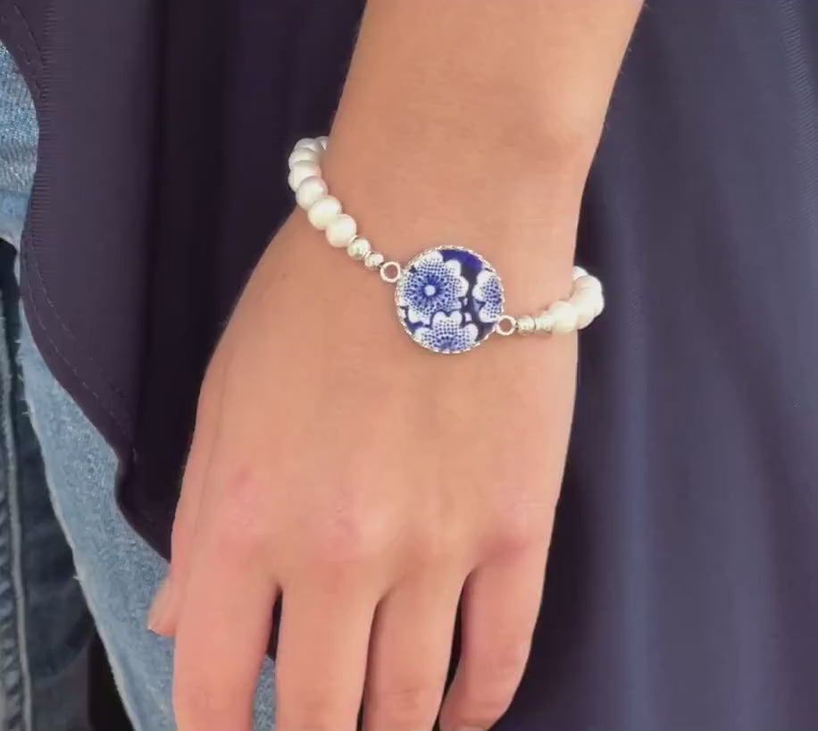 Blue and White Flower Broken China Jewelry, Romantic 20th Wedding Anniversary Gift for Wife, Sterling Silver Freshwater Pearl Bracelet