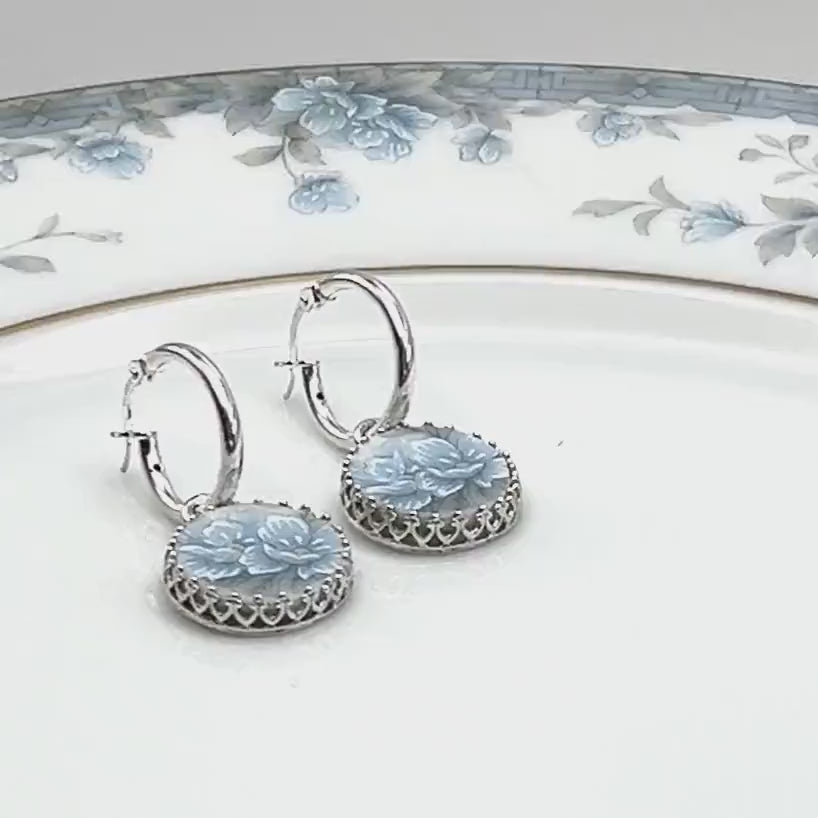 Dainty Japanese Porcelain Hoop Earrings, Unique 18th Anniversary Gift for Wife, Broken China Jewelry, Blue Flower Sterling Silver Earrings