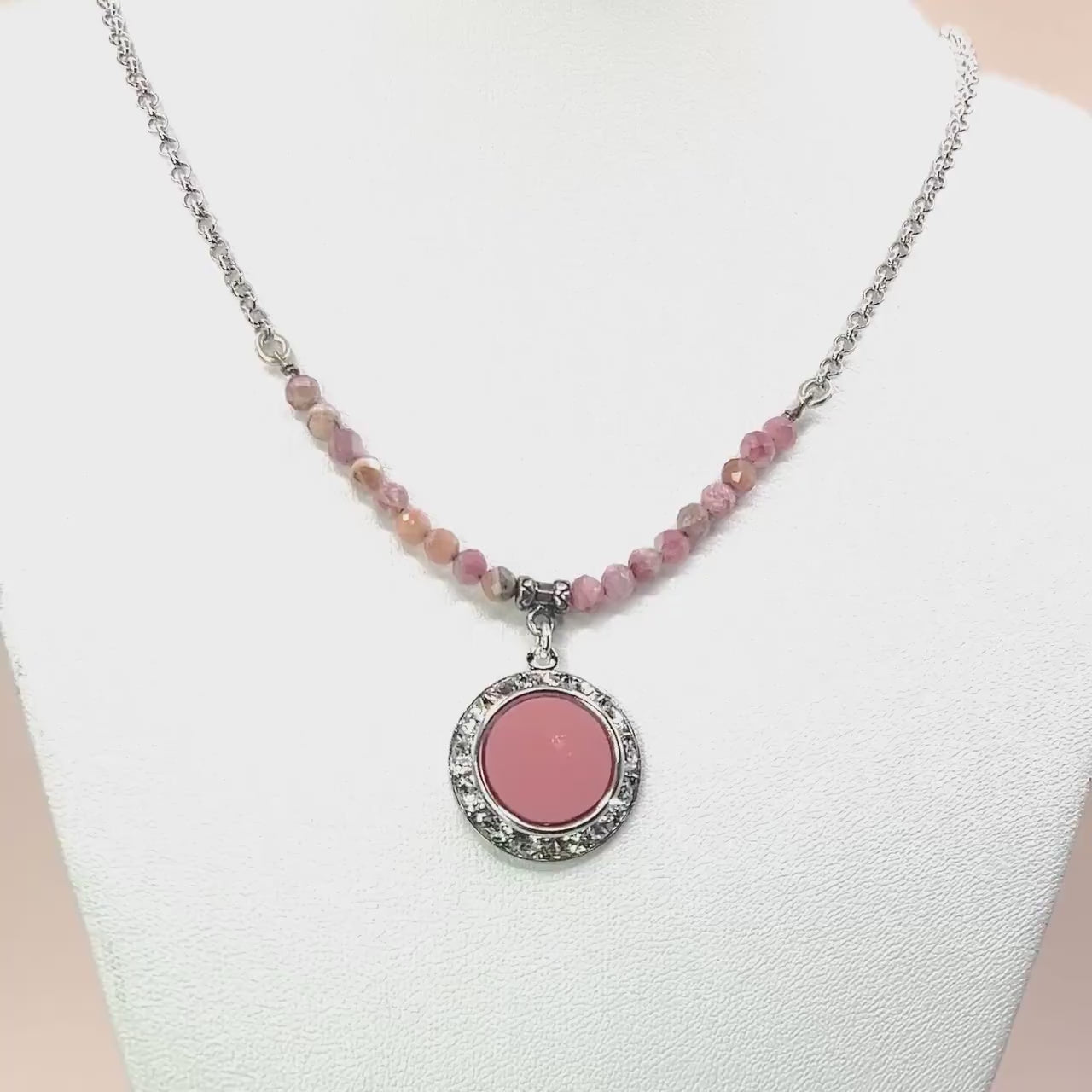 One-of-a-Kind Pink Opal and Vintage Pyrex Necklace, Pink Gooseberry Pattern, Mid Century Modern Gifts for Her, Crystal Jewelry