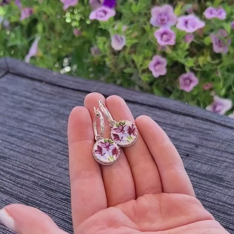 Unique 18th Wedding Anniversary Porcelain Gifts for Wife, Purple Violets, Hoop Earrings, Broken China Jewelry