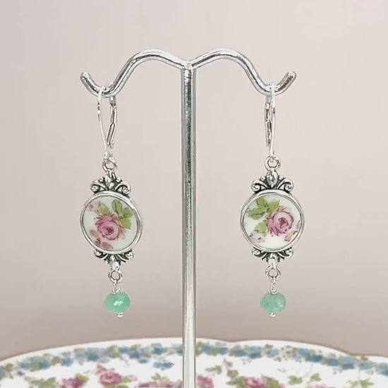 Emerald 20th Anniversary Gifts for Wife, Sterling Silver Gemstone Earrings, Antique Broken China Jewelry, Victorian Dangle Earrings, Pink