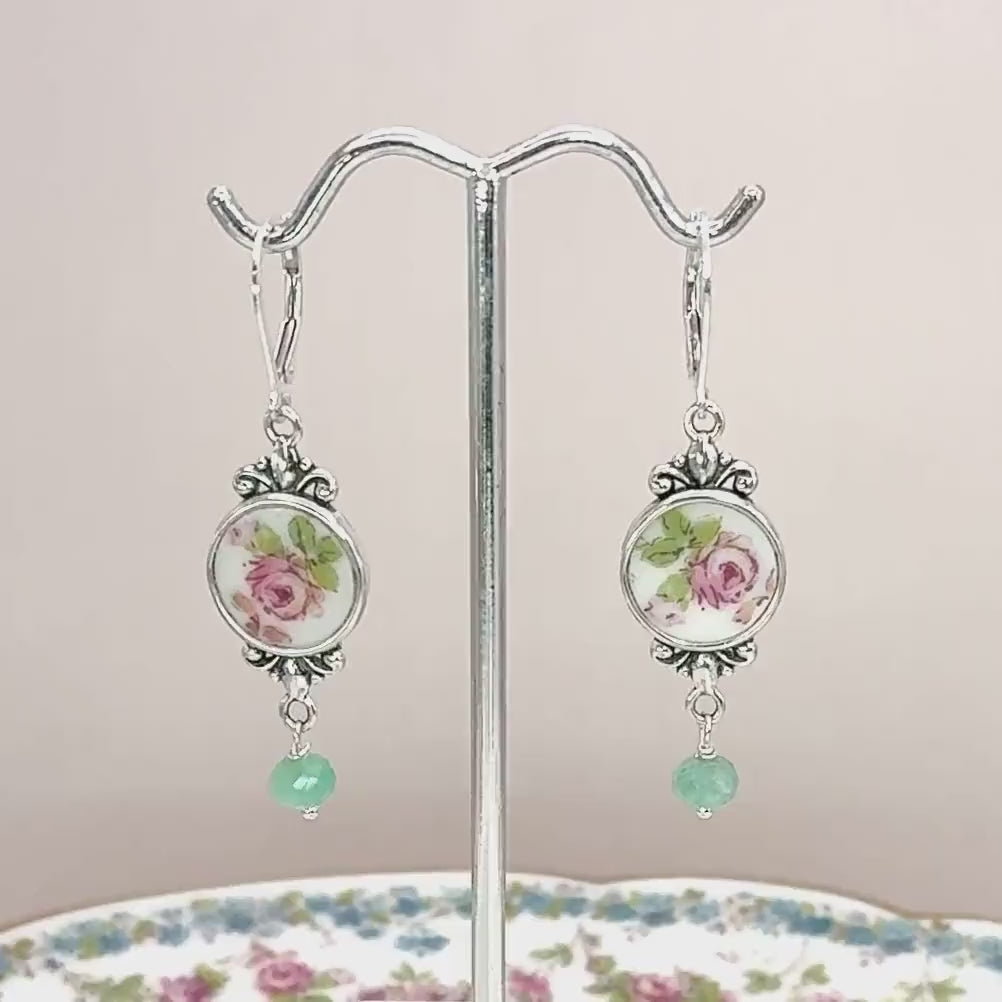 Emerald 20th Anniversary Gifts for Wife, Sterling Silver Gemstone Earrings, Antique Broken China Jewelry, Victorian Dangle Earrings, Pink