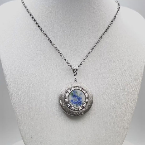 Forget Me Not Flower Locket Necklace, Broken China Jewelry, Unique Anniversary Gifts for Women, Vintage Photo Locket, Gifts for Her