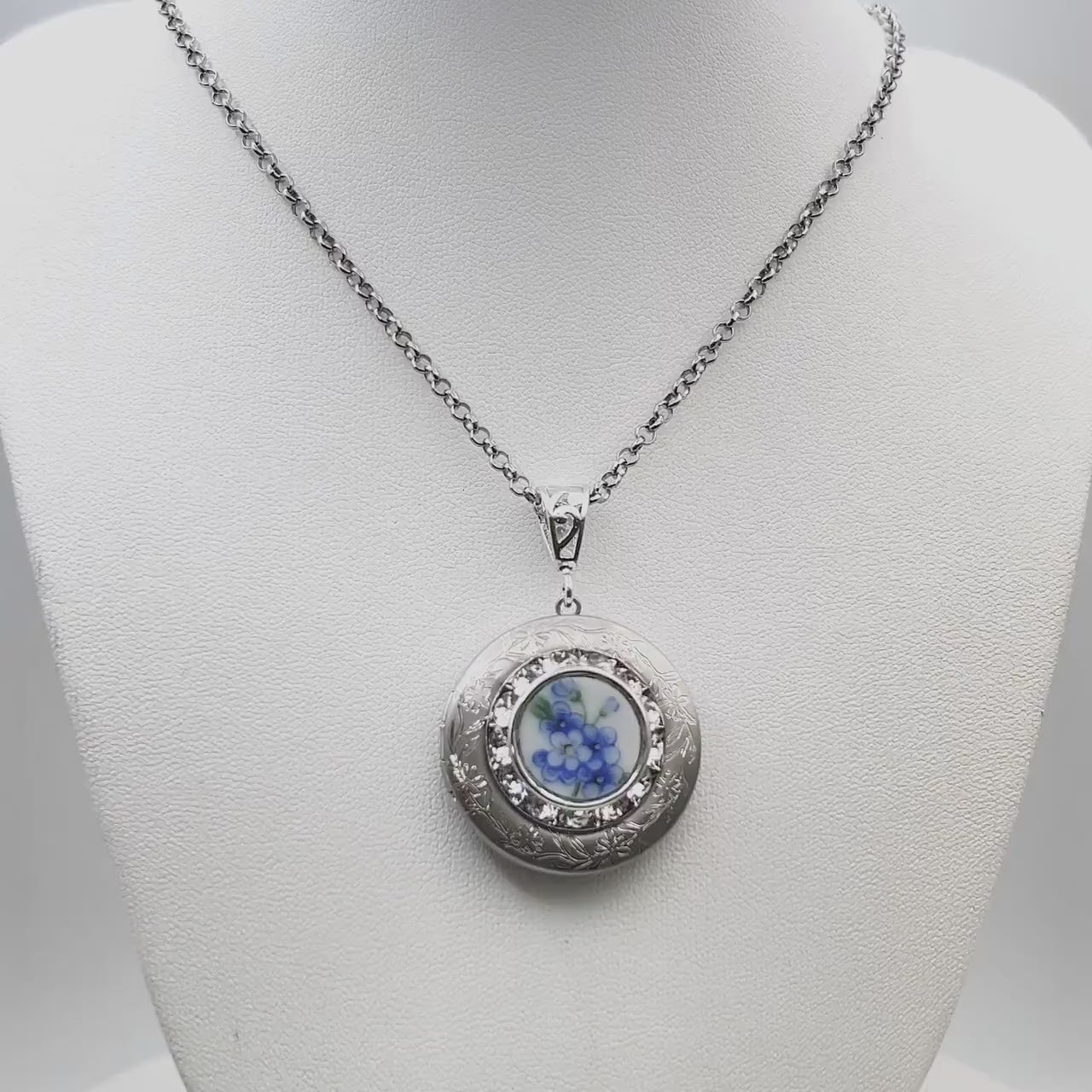 Forget Me Not Flower Locket Necklace, Broken China Jewelry, Unique Anniversary Gifts for Women, Vintage Photo Locket, Gifts for Her