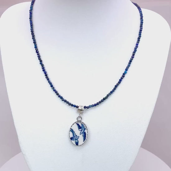 Keepsake 9th Anniversary Gifts for Wife, Dainty Sterling Silver Love Birds Pendant Necklace, Blue Willow Broken China Jewelry, Lapis Lazuli