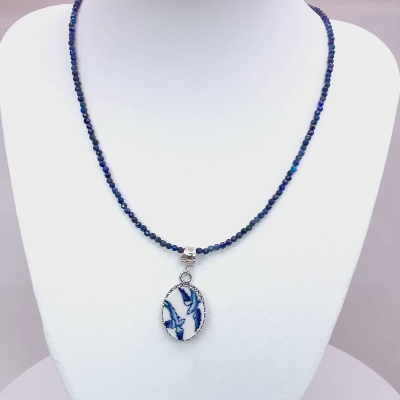 Keepsake 9th Anniversary Gifts for Wife, Dainty Sterling Silver Love Birds Pendant Necklace, Blue Willow Broken China Jewelry, Lapis Lazuli