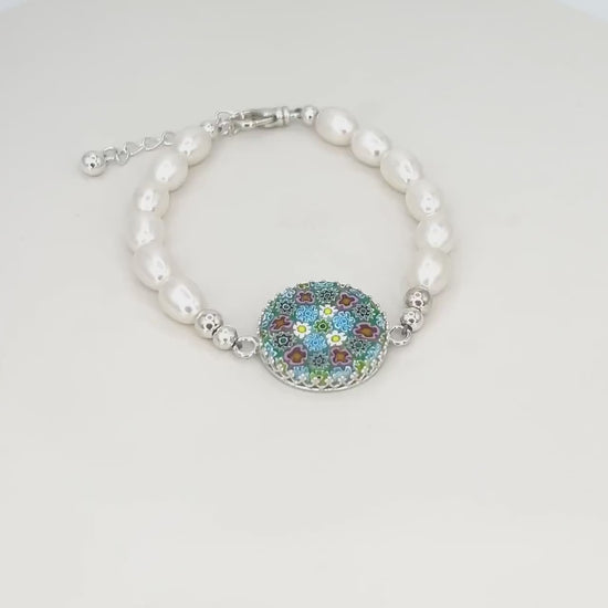 One-of-a-Kind Italian Millefiori Art Glass, Statement Pearl Bracelet, Colorful Spring Daisy and Flower Jewelry