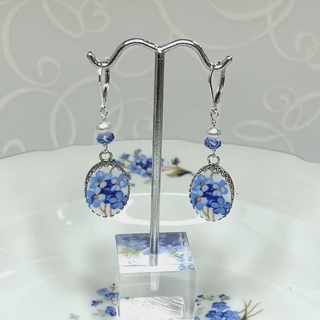 CUSTOM ORDER Silver Earrings with Sapphire and Pearls, Broken China Jewelry Earrings, 20th Anniversary Gifts for Wife, Made From Your China