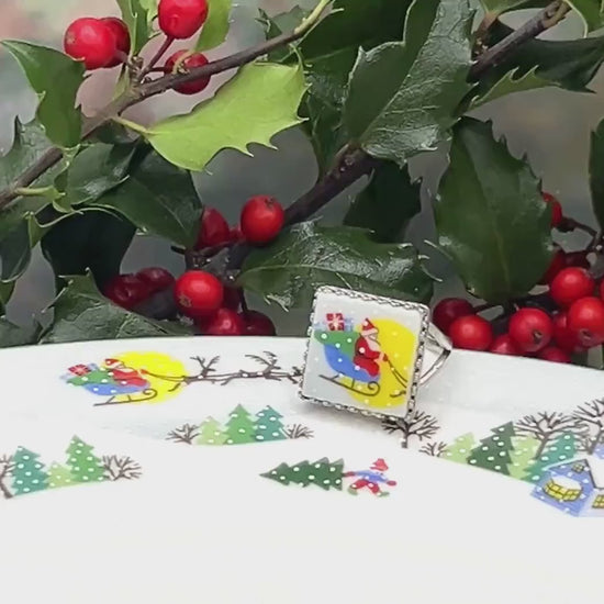 Square Santa Ring, Lenox Sleighride Christmas Ring, Broken China Jewelry, Stocking Stuffer Gifts for Her