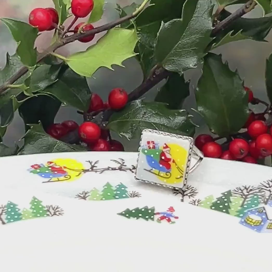 Square Santa Ring, Lenox Sleighride Christmas Ring, Broken China Jewelry, Stocking Stuffer Gifts for Her