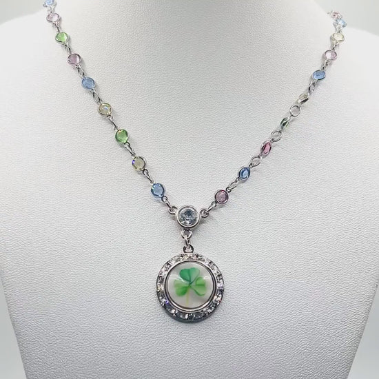 Dainty Shamrock Necklace, Irish Belleek Broken China Jewelry, Pastel Crystal Jewelry