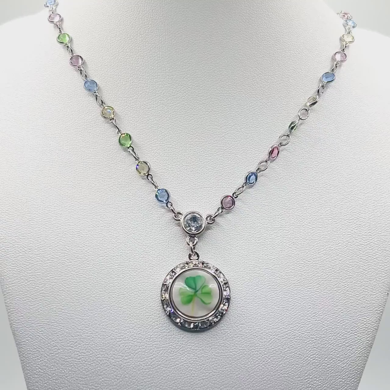 Dainty Shamrock Necklace, Irish Belleek Broken China Jewelry, Pastel Crystal Jewelry