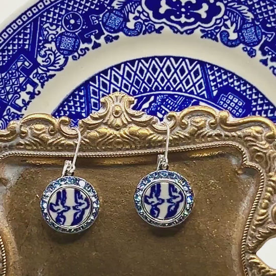 Love Birds China Earrings, Blue Willow Broken China Jewelry, 20th Wedding Anniversary Gifts for Wife
