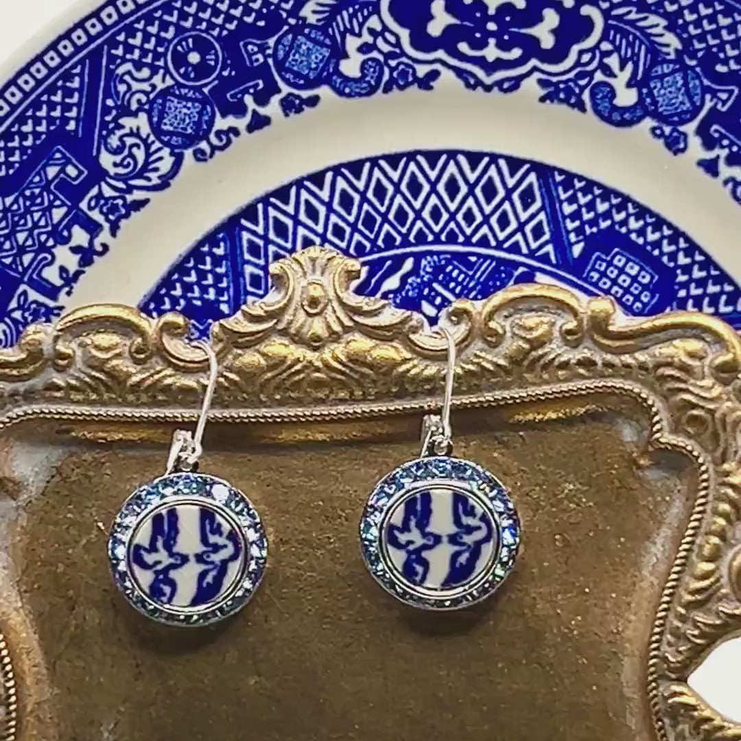 Love Birds China Earrings, Blue Willow Broken China Jewelry, 20th Wedding Anniversary Gifts for Wife