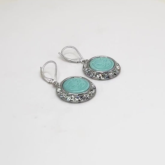 Vintage Aqua Blue Cat Glass Button Earrings, Crystal Jewelry, Unique Handmade Jewelry