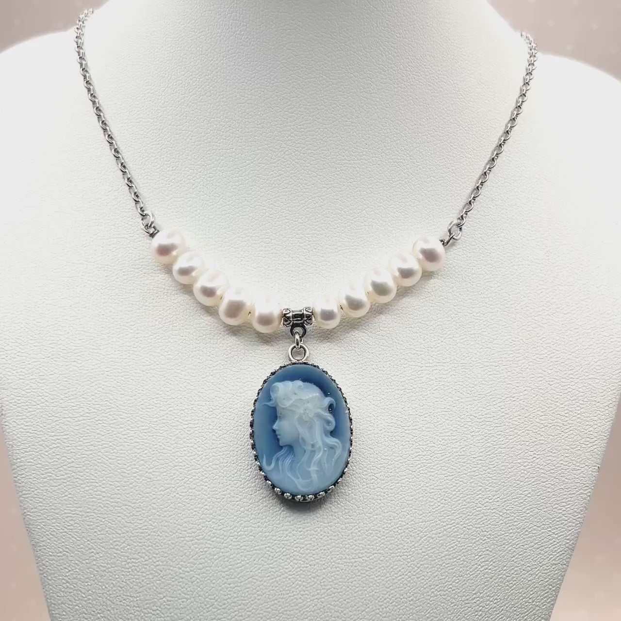 Sterling Silver Blue Cameo Necklace, Victorian Style Jewelry, Freshwater Pearl Gemstone Necklace