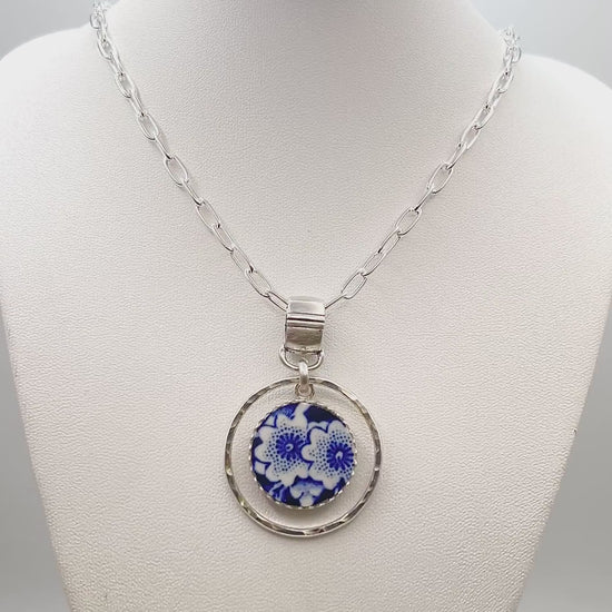 Repurposed 1950's Porcelain Pendant, 18th Anniversary Gift for Wife, Blue and White Flower Pendant, Unique Artisan Jewelry
