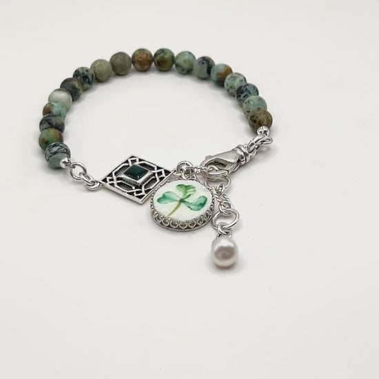 Sterling Silver Celtic Knot Shamrock Bracelet, Irish Belleek Broken China Jewelry, Unique Gemstone Jewelry Gifts for Women