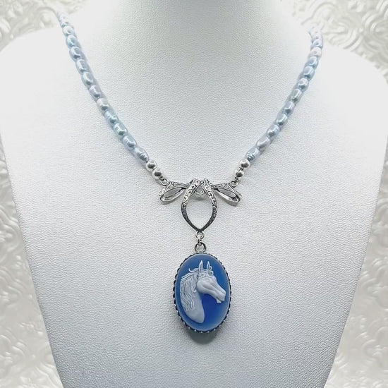 Sterling Silver Horse Cameo Necklace, Vintage Elegant Equestrian Jewelry, Women Rider Cameo Necklace
