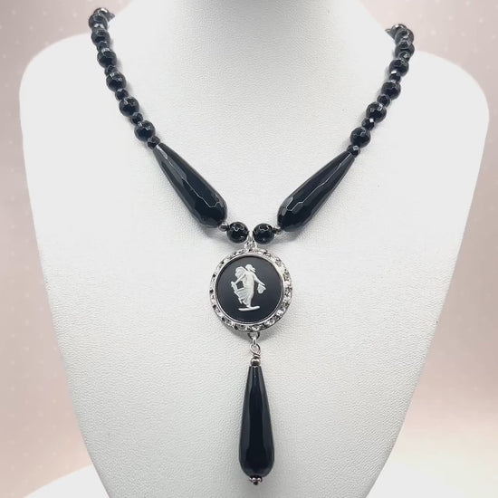 Wedgwood Angel Necklace, Black Onyx Statement Necklace, Victorian Cameo Jewelry